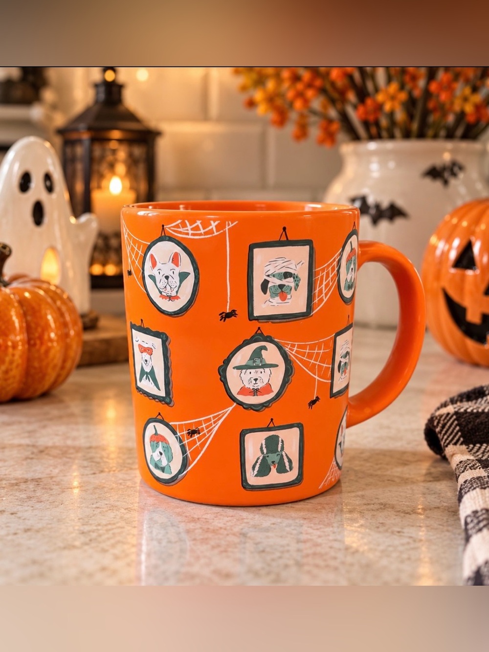 HALLOWEEN DOG PORTRAITS DRESSED UP SPOOKY WEB CERAMIC MUG 20 oz ORANGE 2026 NEW